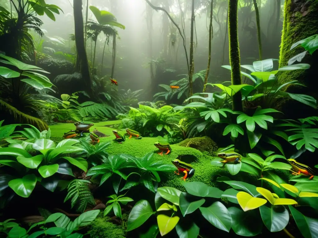 Imagen de una exuberante selva tropical con ranas y sapos exóticos mostrando rápida dispersión en su hábitat natural