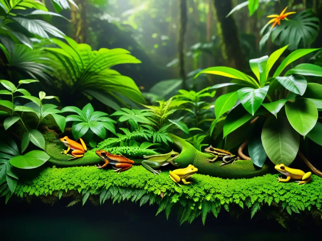 Imagen de una exuberante selva tropical con anfibios y reptiles, destacando la diferencia entre ellos en su hábitat natural