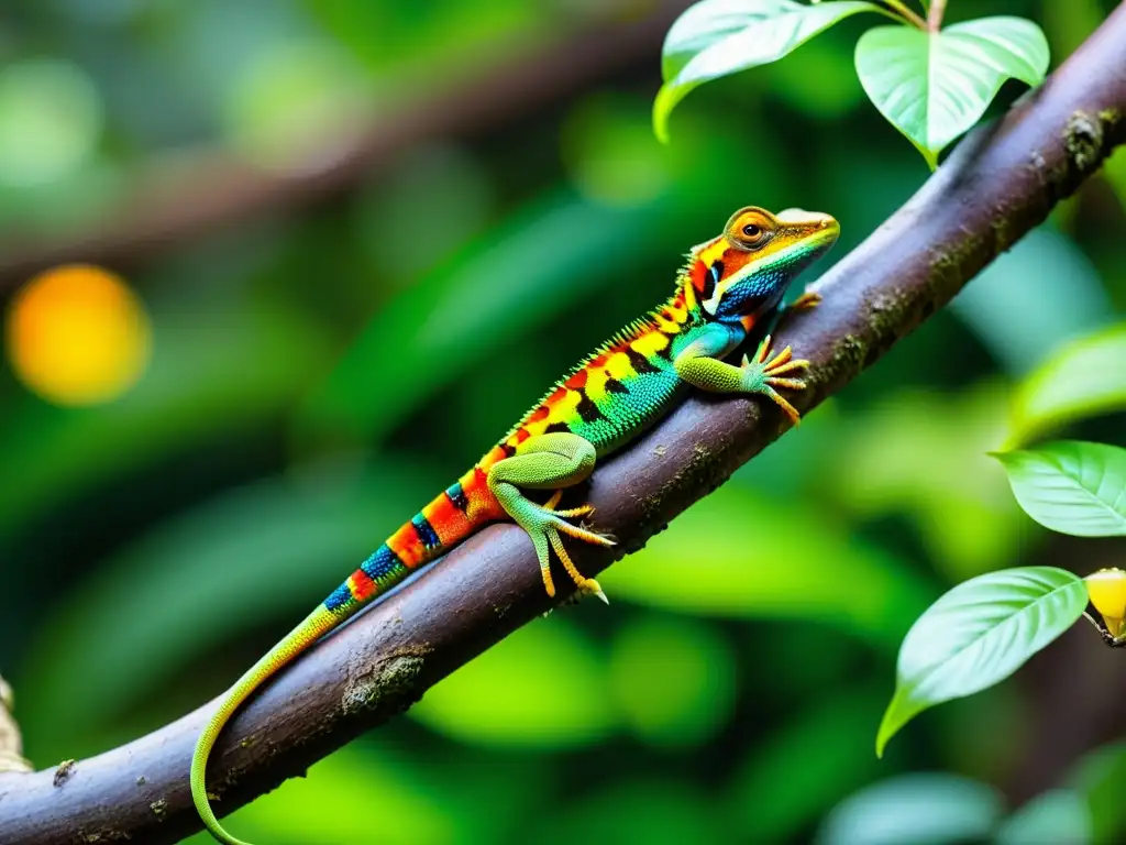 Imagen de un exuberante y vibrante bosque tropical donde se encuentra una especie rara de lagarto exótico