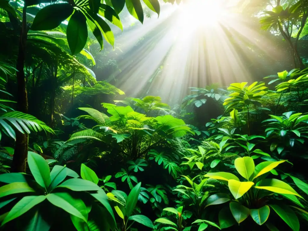 Imagen de un exuberante y vibrante bosque tropical con reptiles camuflados entre las hojas y ramas, mejorando calidad vida reptil