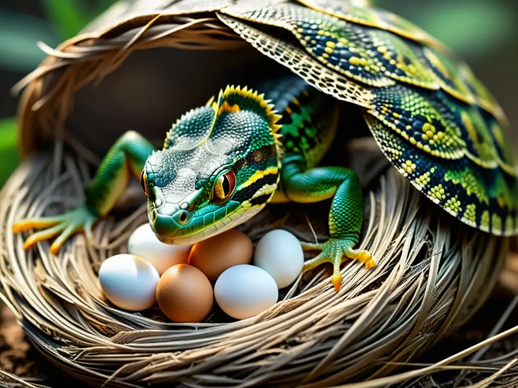 Imagen de alta resolución de una hembra de reptil poniendo huevos en un nido, mostrando detalles biológicos y naturales de la reproducción de reptiles