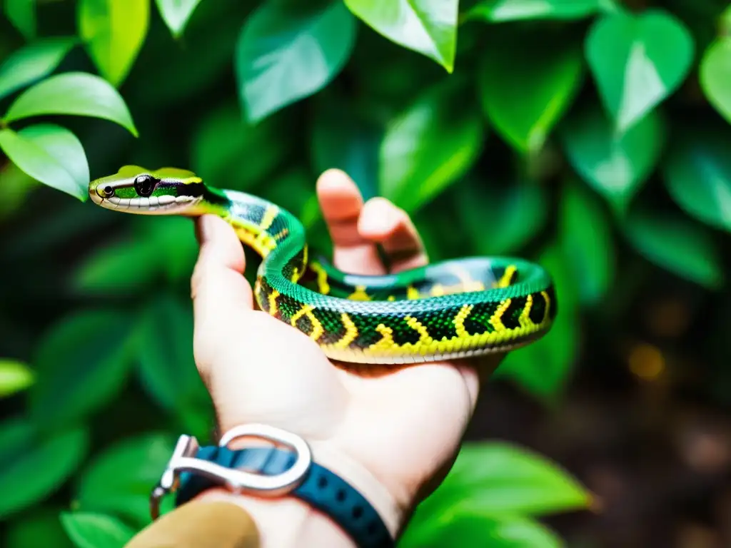 Imagen de un herpetólogo sosteniendo con cuidado una serpiente vibrante, rodeado de exuberante vegetación