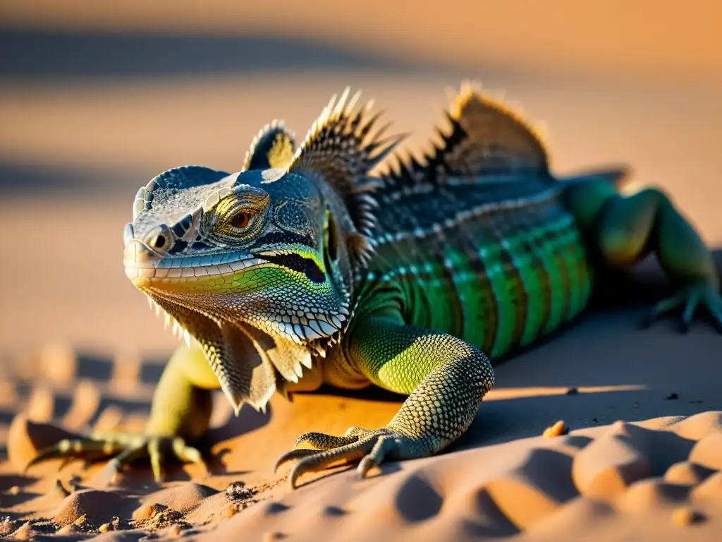 Imagen de una iguana del desierto camuflada entre la arena, mostrando su piel texturizada y escamas afiladas bajo la cálida luz del sol