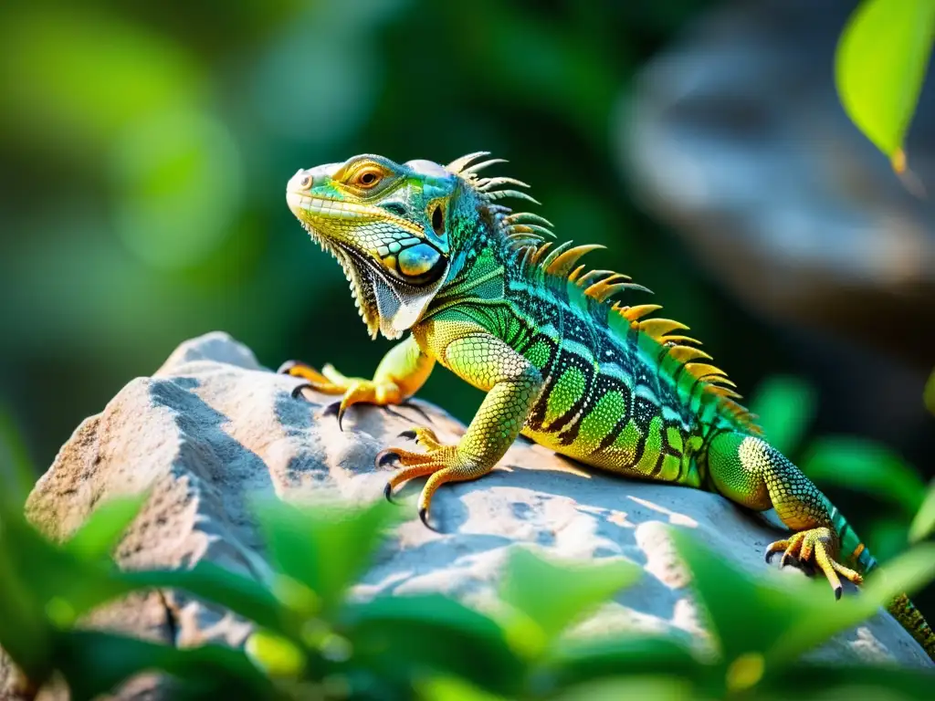 Imagen de una iguana verde vibrante en un primer plano, mostrando su musculatura mientras se estira al sol