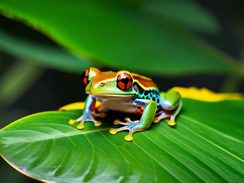 Imagen impactante de un anfibio nocturno, como la rana de ojos rojos, resaltando sus adaptaciones únicas para la vida nocturna en la selva tropical