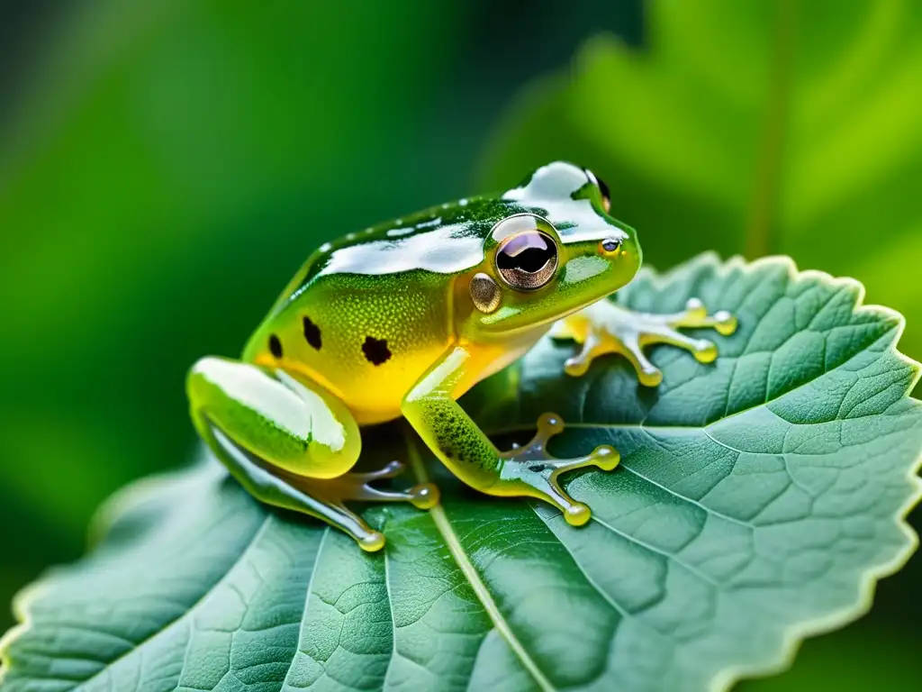 Imagen impactante de un anfibio transparente en su hábitat natural, destacando la biología de anfibios transparentes en una hoja verde vibrante