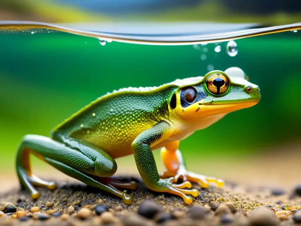 Imagen impactante de la evolución de anfibios de agua a terreno firme, destacando su adaptación y transición evolutiva