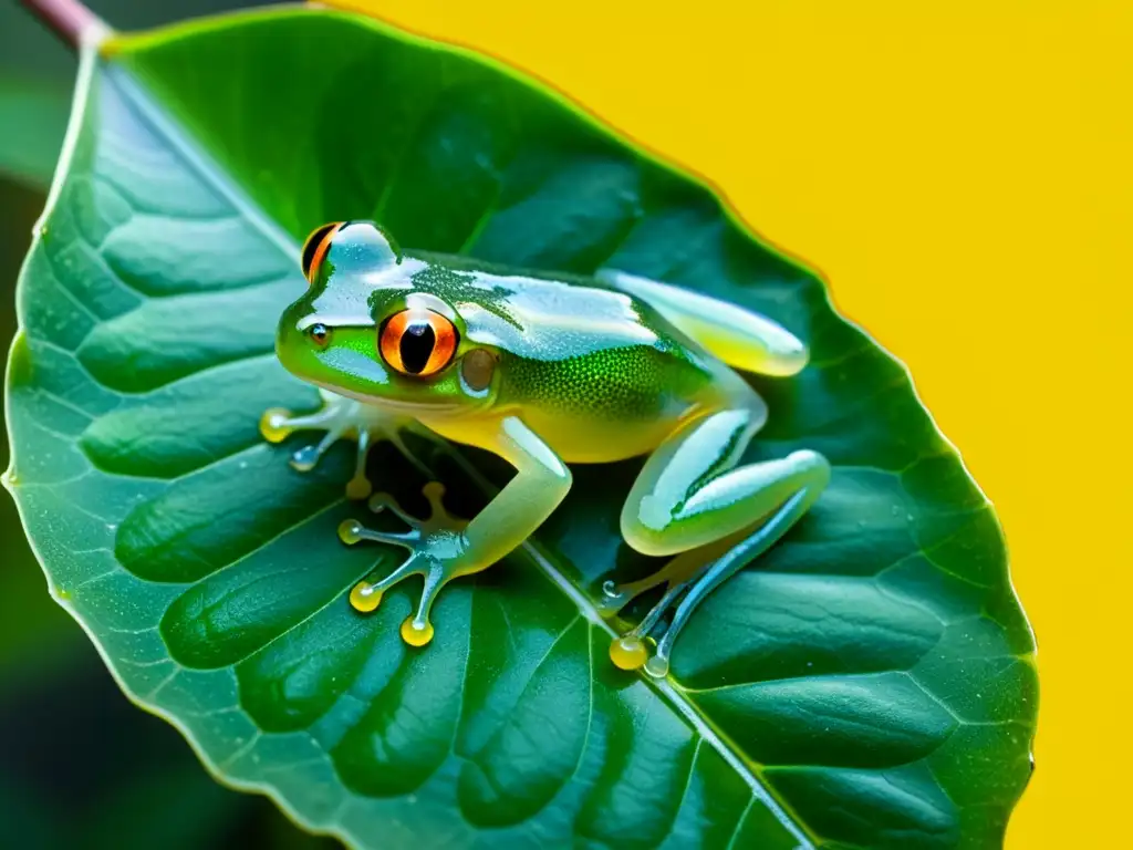 Imagen impactante de la reproducción de anfibios en ambientes extremos: una rana de cristal poniendo huevos en una hoja en la selva amazónica