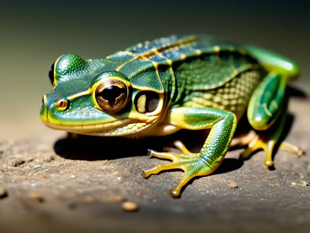 Imagen impactante de desnutrición en anfibios y reptiles: un ser malnutrido con ojos hundidos y esqueleto visible, en un entorno desolado