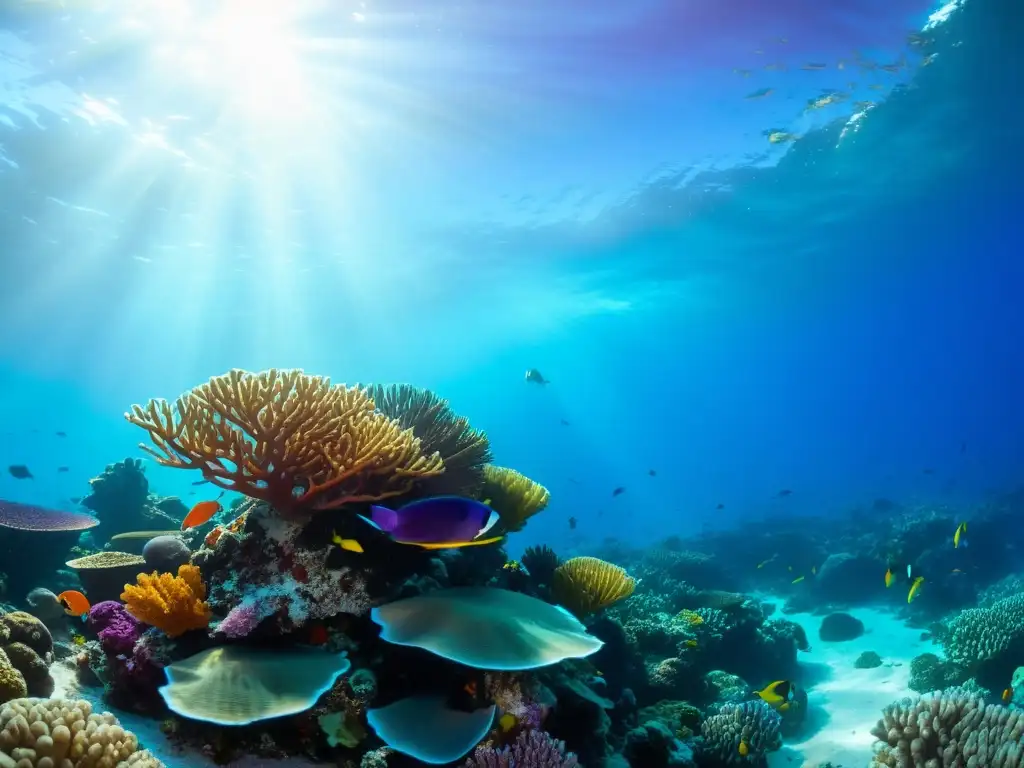 Imagen impactante de un arrecife de coral lleno de vida marina, mostrando el hábitat de reptiles marinos y el impacto del cambio climático