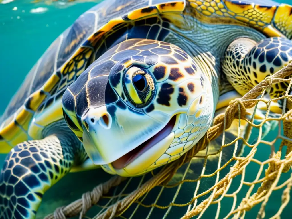 Imagen impactante de tortuga marina atrapada en red de pesca, transmitiendo urgencia de soluciones para reducir impacto pesca tortugas