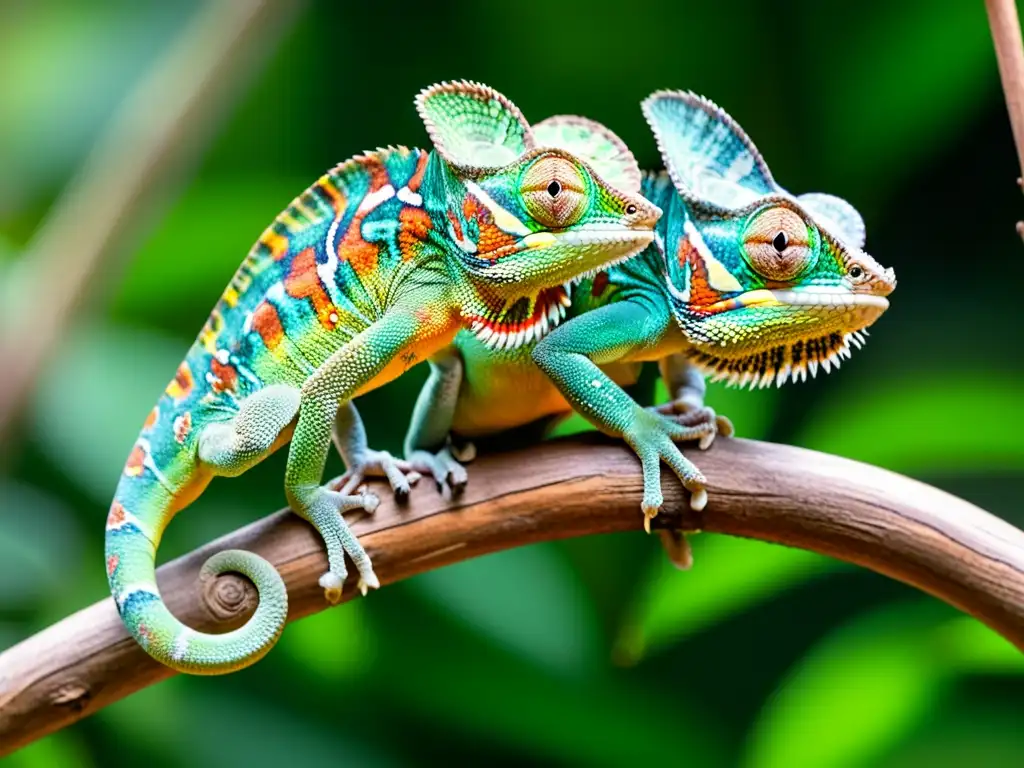 Imagen impactante de chameleons coloridos en rituales de apareamiento reptiles, detallando sus movimientos y expresiones curiosas