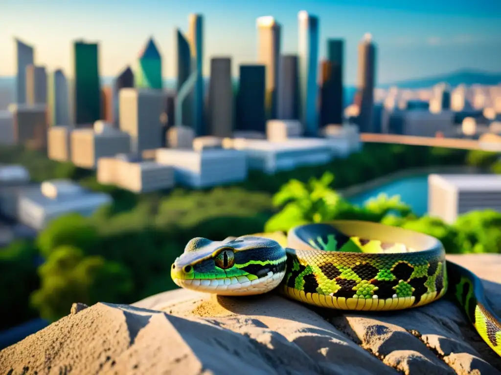 Reptil urbano: el conflicto entre la naturaleza y la ciudad Imagen impactante que muestra el conflicto entre el desarrollo urbano y los hábitats de reptiles, con un reptil camuflado en su entorno natural