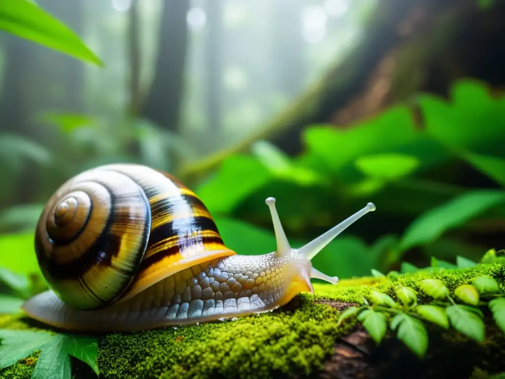 Imagen impactante del ecosistema del bosque tropical con un caracol gigante africano deslizándose entre la exuberante vegetación