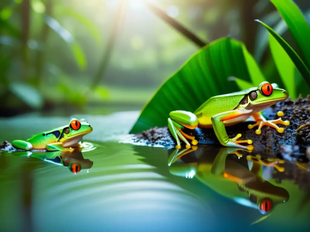 Imagen impactante de especies de anfibios exóticas en un delicado ecosistema, enfrentando el impacto de invasores