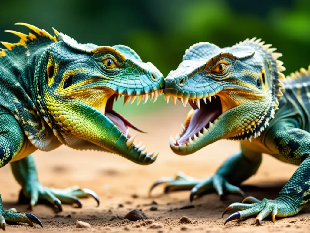 Imagen impactante de una feroz pelea de reptiles, donde se aprecian detalles de escamas, garras y dientes