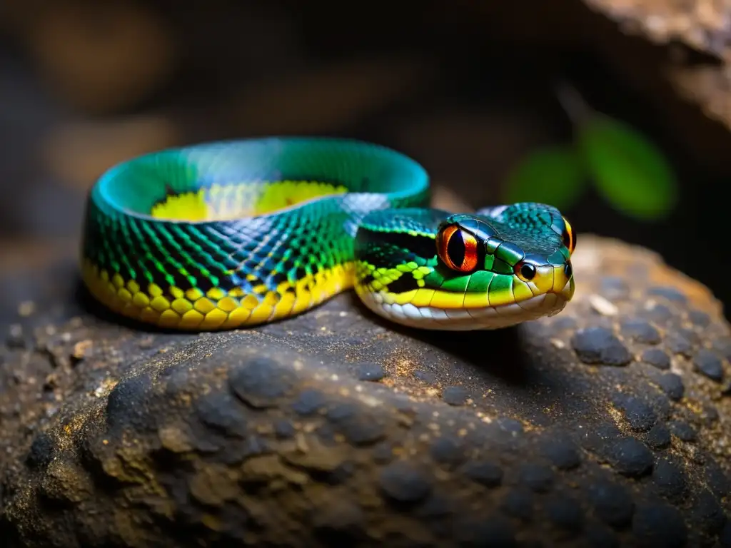 Imagen impactante de una Gloydius shedaoensis, una especie de reptiles especializada en cavernas, camuflada en una cueva oscura, lista para cazar