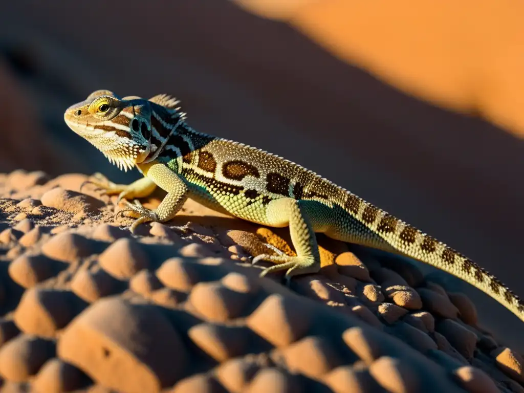 Imagen impactante de un hábitat desértico con un lagarto camuflado entre rocas