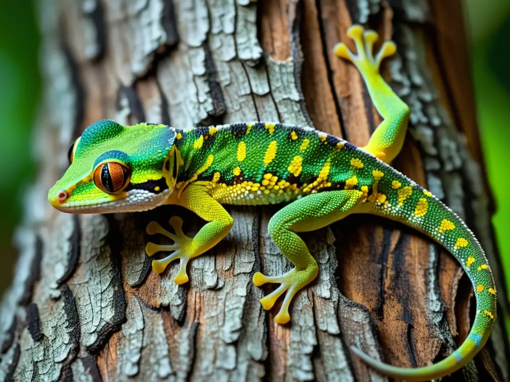 Imagen impactante de un gecko cola de hoja mimetizándose con un árbol