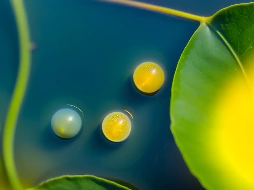 Imagen impactante de huevos de anfibios en un estanque brillante, mostrando la belleza de la selección natural en la reproducción de anfibios