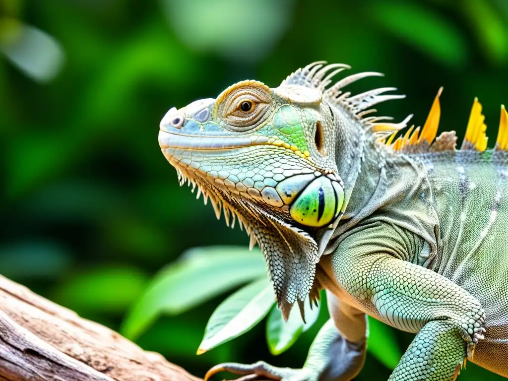 Imagen impactante de una iguana con signos de infecciones respiratorias, como dificultad para respirar, ojos opacos y deshidratación