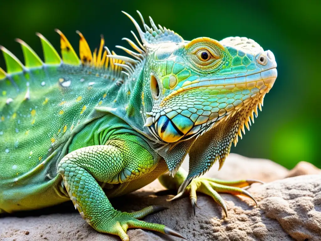 Imagen impactante de una iguana verde con un tumor visible, ilustrando los tumores en reptiles