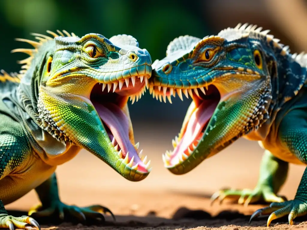 Imagen impactante de una intensa pelea entre reptiles, destacando sus escamas, garras y feroces expresiones