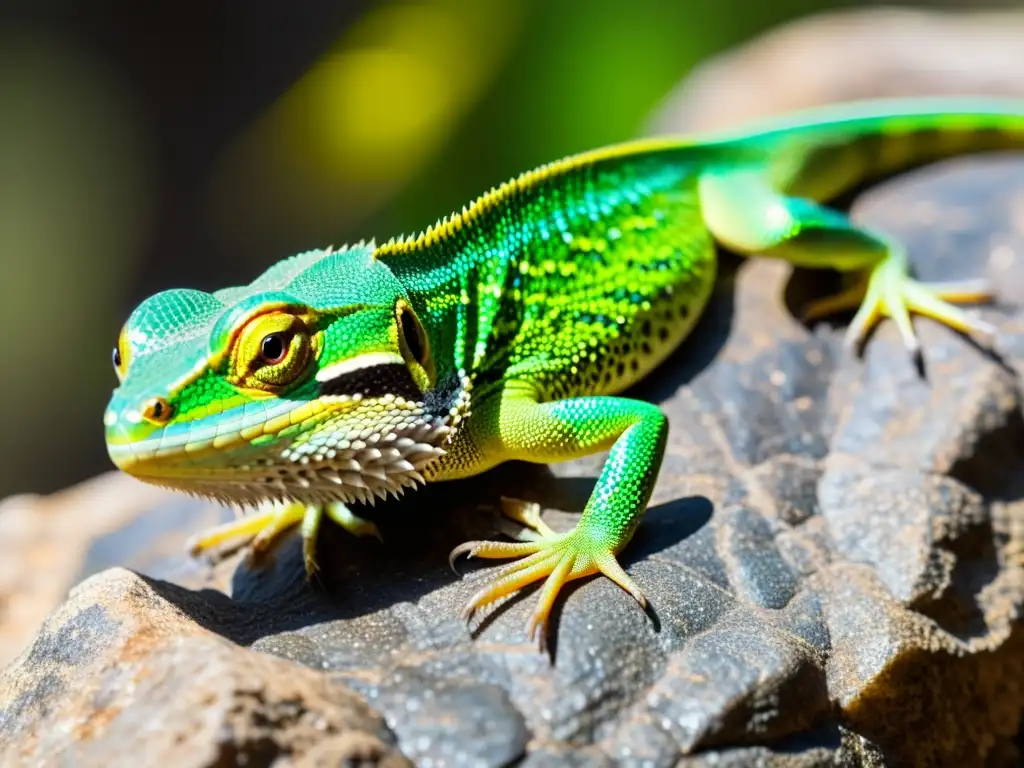 Imagen impactante de un lagarto verde en su hábitat natural, resaltando la belleza y diversidad de estas especies en peligro