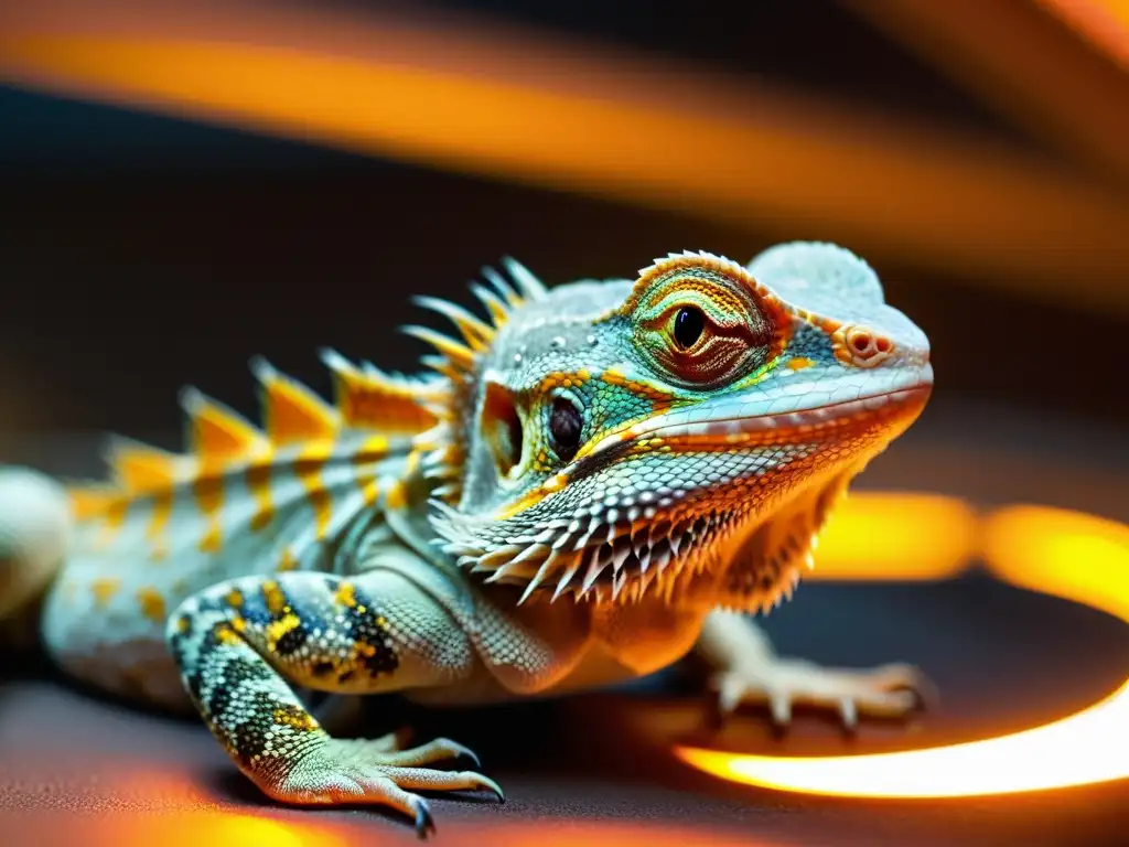 Imagen impactante de un dragón barbudo bajo una lámpara de calor, mostrando sus escamas y reflejando calidez