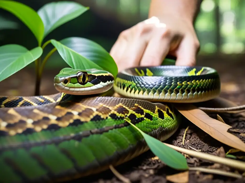 Imagen impactante de la liberación de una serpiente rehabilitada en su hábitat natural, representando esperanza y la historia de su rehabilitación