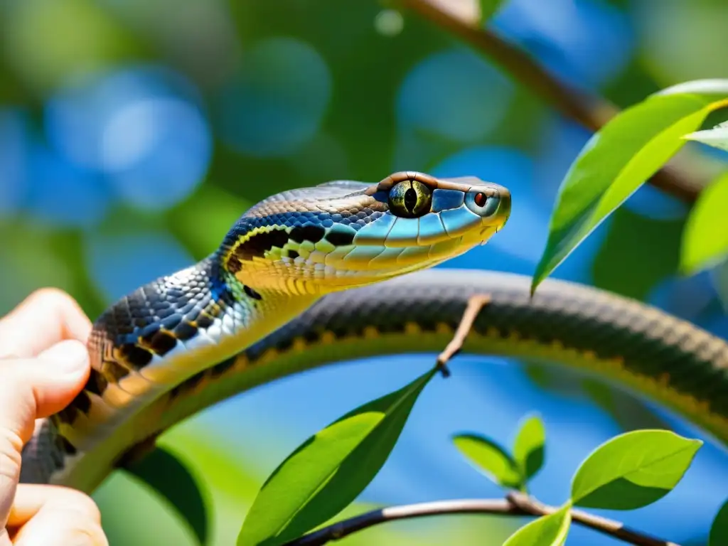 Imagen impactante de la liberación de una serpiente rehabilitada, resaltando su belleza en su entorno natural