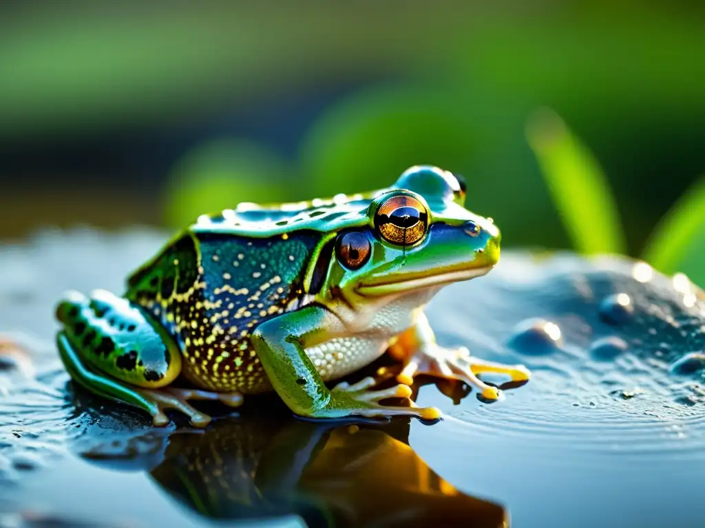 Imagen impactante de un macho rana realizando un canto de apareamiento, con su piel brillante y vibrante, en contraste con el hábitat del humedal