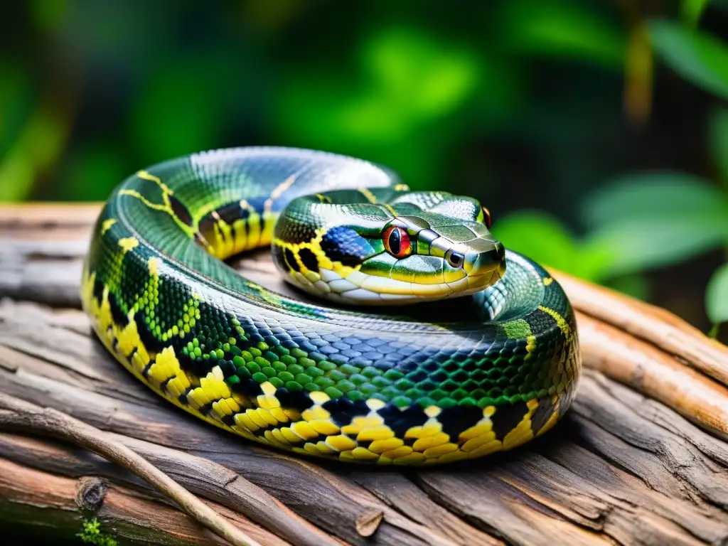 Imagen impactante de una majestuosa anaconda verde en la selva amazónica, resaltando la belleza del reptil y el impacto de la caza furtiva de reptiles