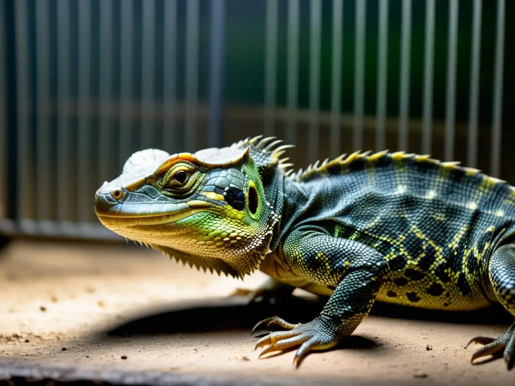 Imagen impactante de maltrato a reptiles: prácticas crueles en un entorno sucio y desolador, reflejando el abandono del reptil