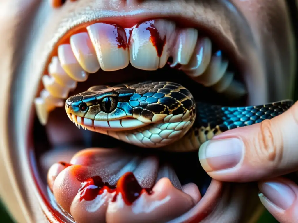 Una imagen impactante de una mordedura de serpiente venenosa en una mano humana, resaltando la urgencia de los procedimientos ante mordedura venenosa