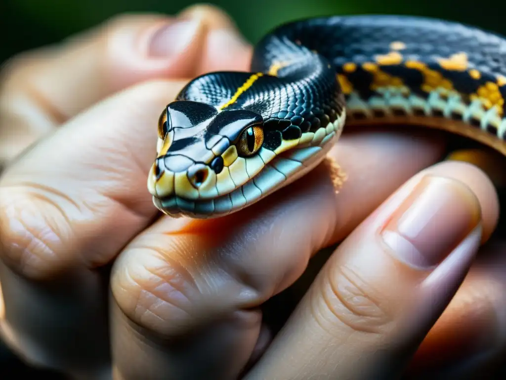 Imagen impactante de una mordedura de serpiente en la mano humana, resaltando la urgencia de los procedimientos ante mordedura venenosa