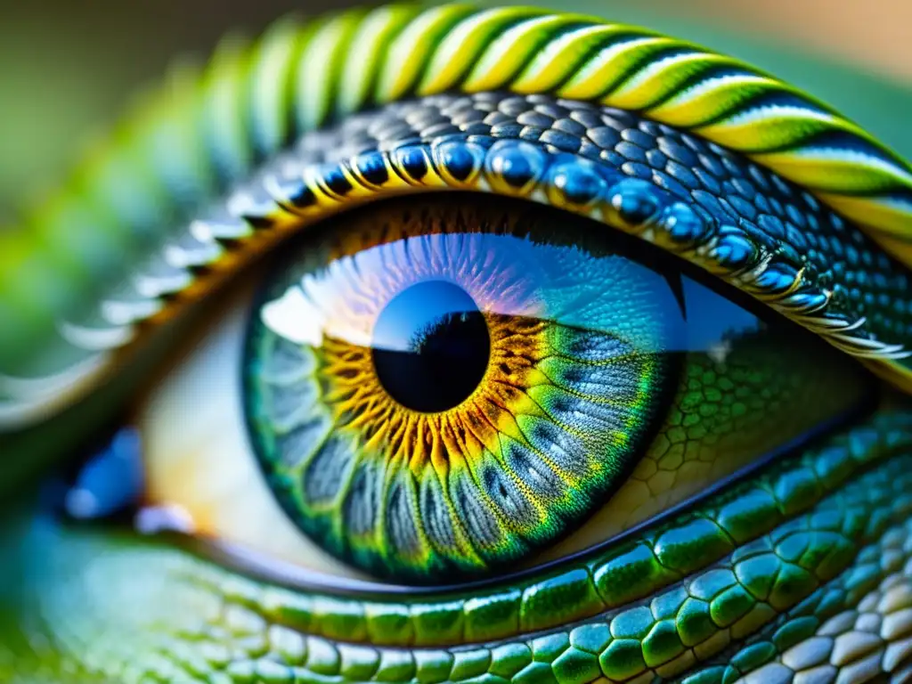 Una imagen impactante de un ojo de reptil, con patrones intrincados y una mirada intensa que transmite alerta y conciencia