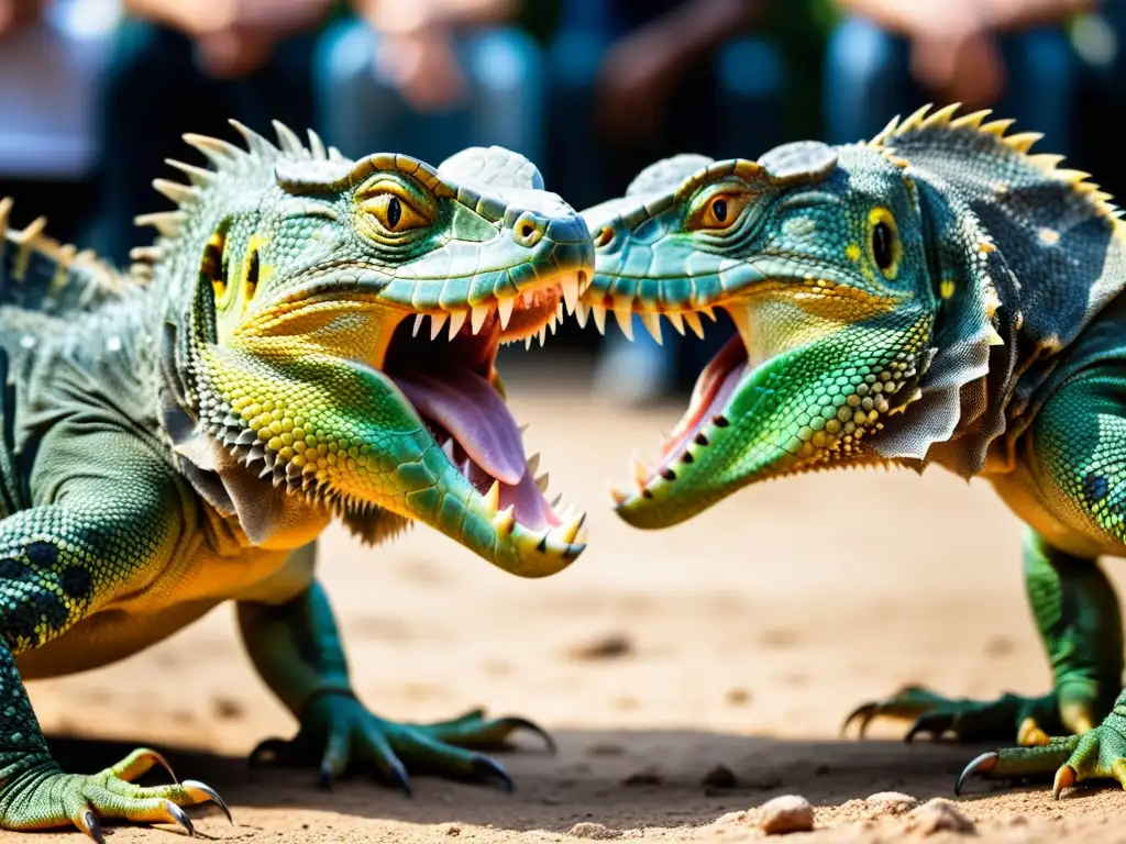 Imagen impactante de pelea de reptiles, enfocando las escamas, garras y expresiones intensas