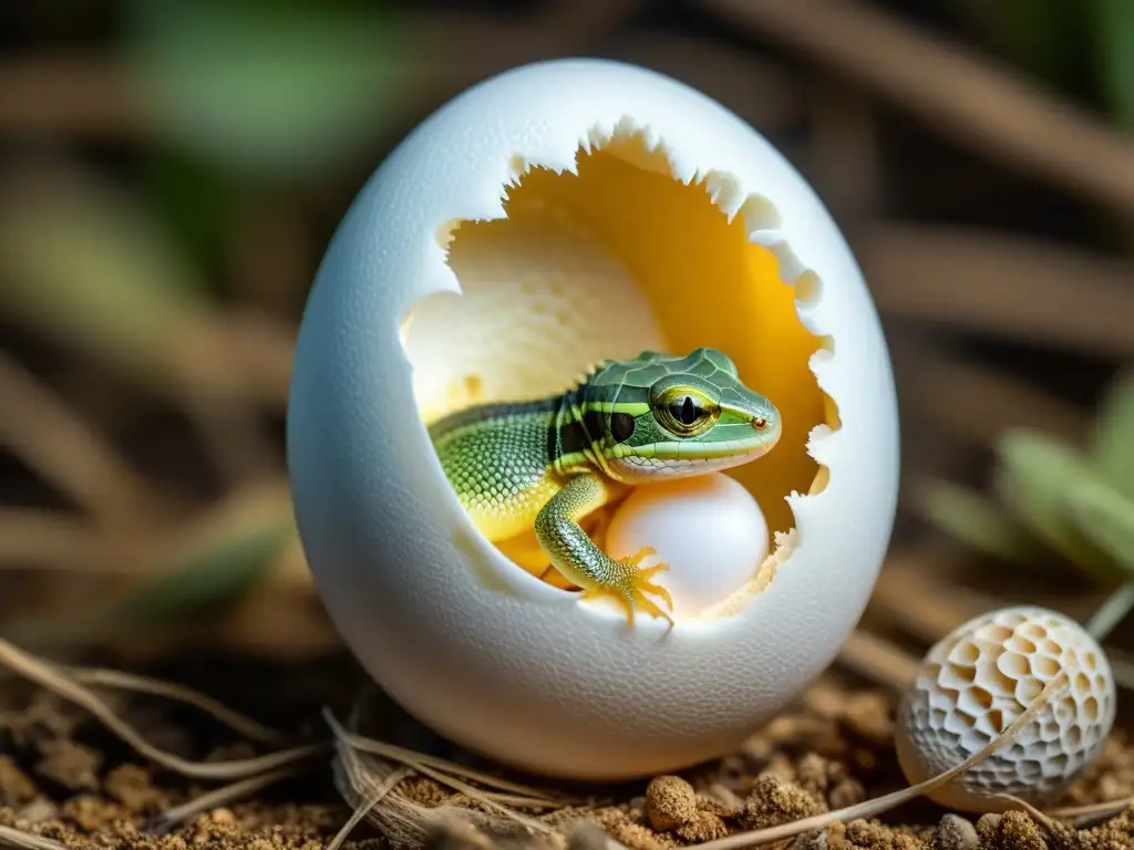 Imagen impactante de un pequeño reptil que emerge de su huevo, destacando sus escamas y la delicada membrana