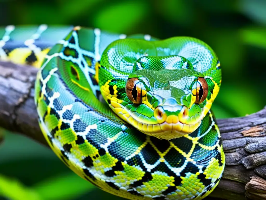 Imagen impactante de una pitón arborícola verde en su hábitat natural, demostrando estrategias de hibernación en reptiles