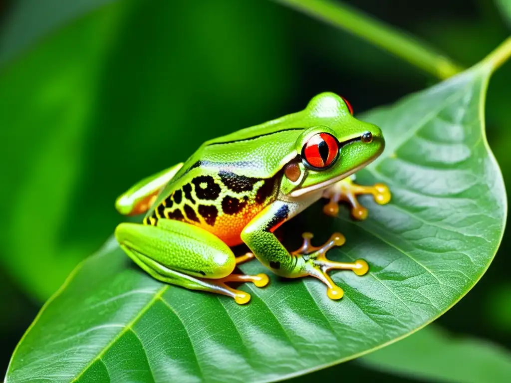 Imagen impactante de una rana arborícola verde en la selva, destacando sus patas transparentes y ojos rojos brillantes