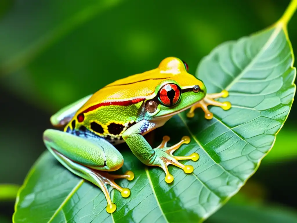 Imagen impactante de una rana de ojos rojos en la selva, con colores vibrantes y detalles de su piel, reflejando el hábitat natural y los comportamientos extraños anfibios significado