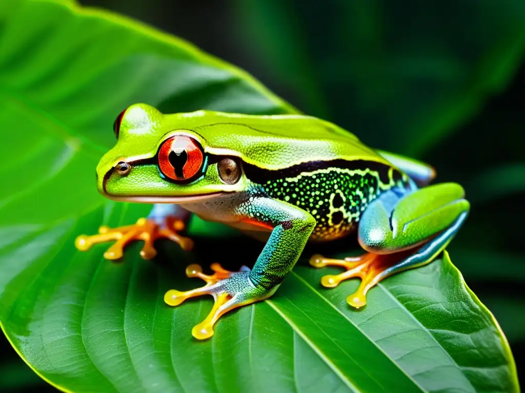 Imagen impactante de una rana de ojos rojos en la selva nocturna