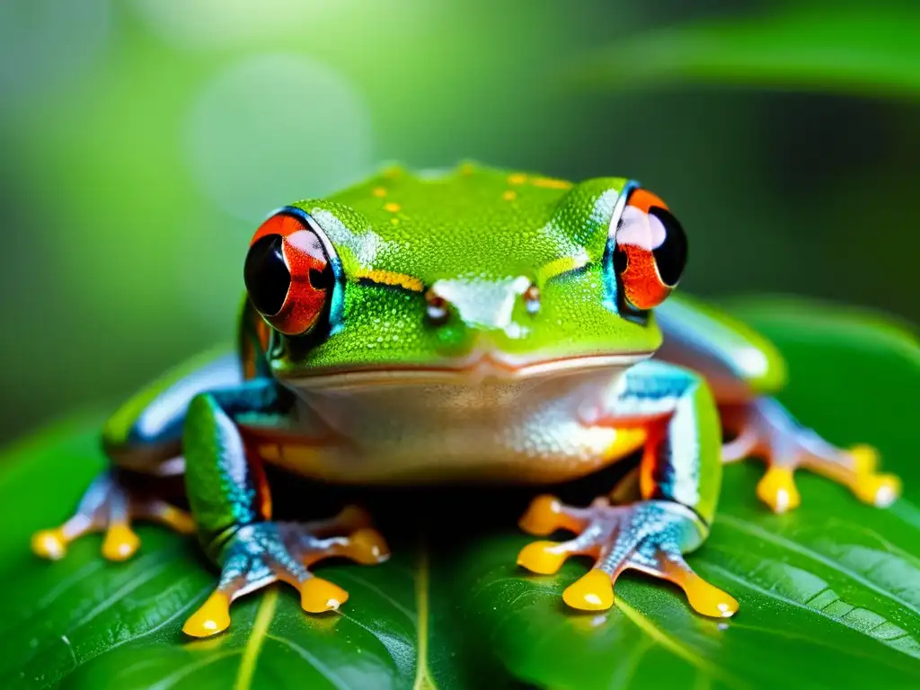 Imagen impactante de una rana de ojos rojos en la selva lluviosa, resaltando su belleza y vulnerabilidad en el ecosistema