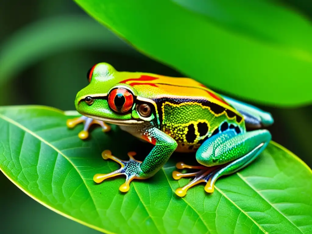 Imagen impactante de una rana de ojos rojos en la selva tropical, destacando la belleza y equilibrio en ecosistemas anfibios