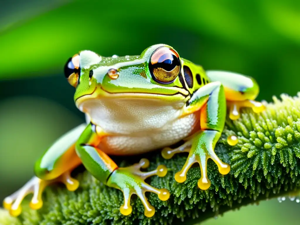 Imagen impactante de una rana arbórea verde vibrante en un ambiente tropical, destacando sus capacidades regenerativas y sus detalles intrincados