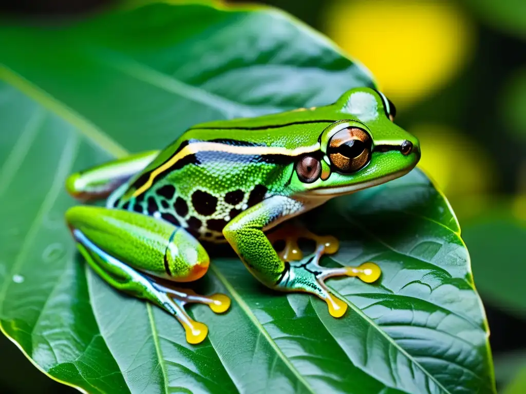 Imagen impactante de una rana arbórea verde vibrante en su hábitat natural, muestra el impacto de la deforestación en la vida de los anfibios