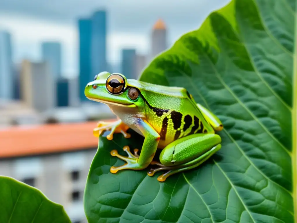 Una imagen impactante de una rana arbórea vibrante en un jardín urbano, destacando las regulaciones tenencia anfibios urbanas