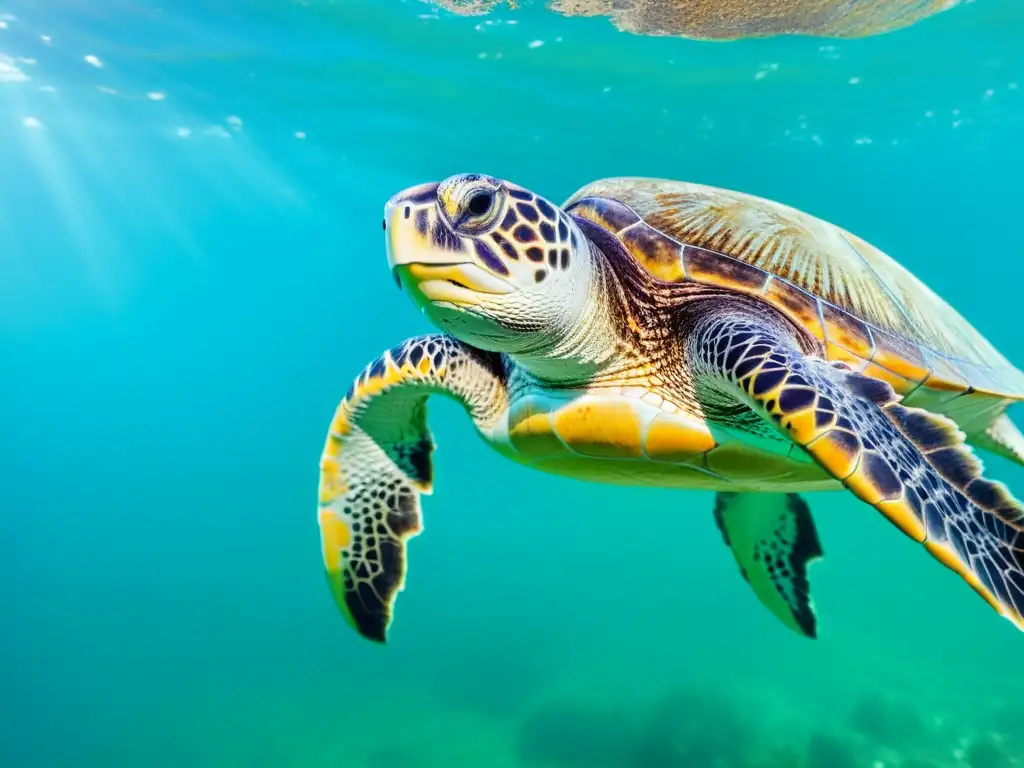 Imagen impactante de tortuga marina rara en travesía oceánica, mostrando su belleza y la importancia de la conservación