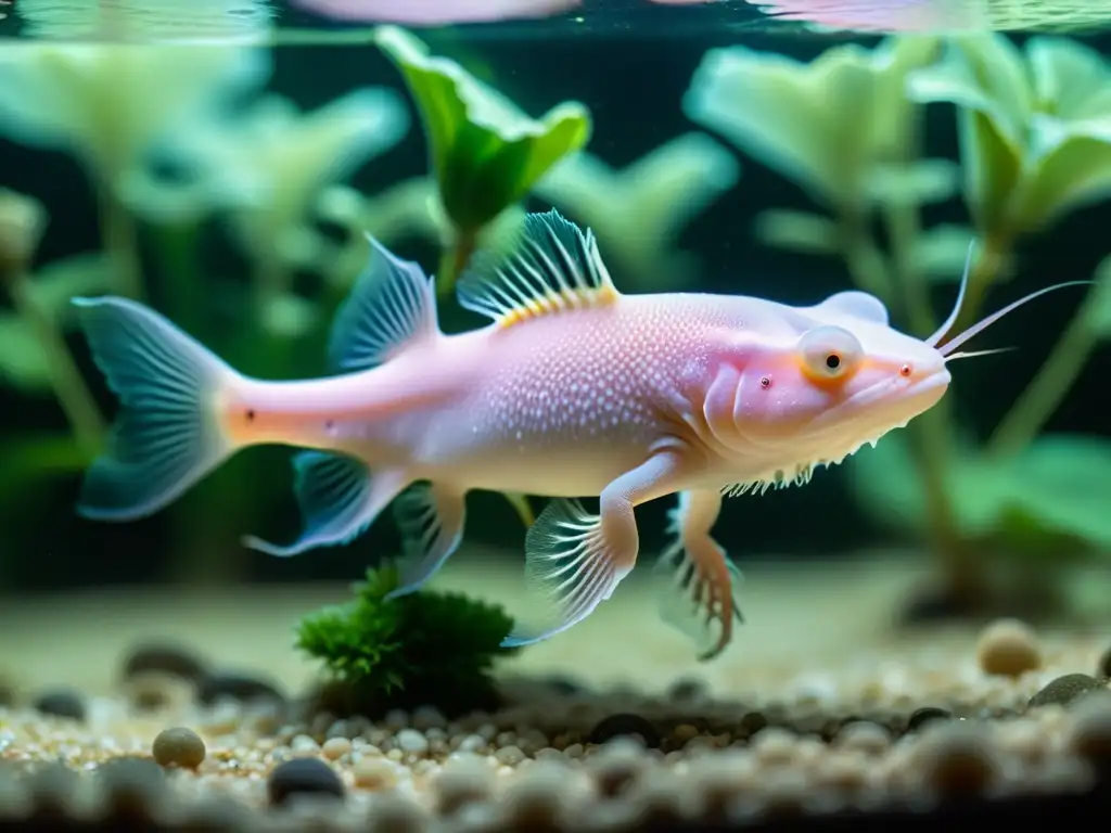 Imagen impactante de un raro axolote albino nadando en un tanque transparente